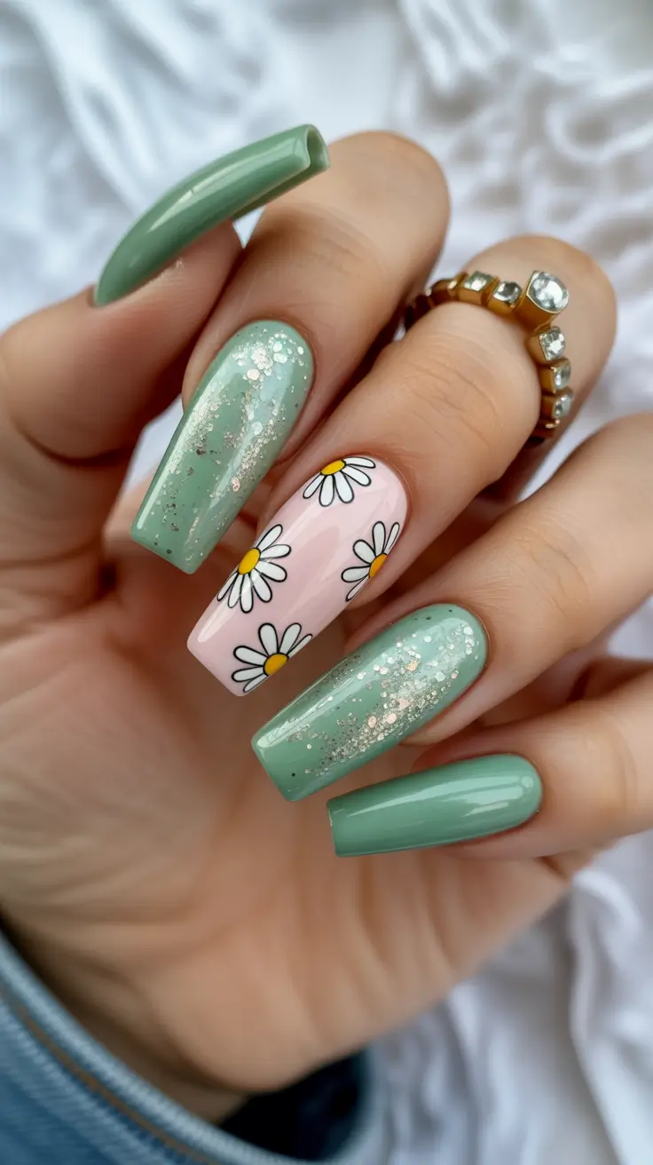 cute spring ballerina nails 2026 Muted Sage and Minimal Daisy Accent