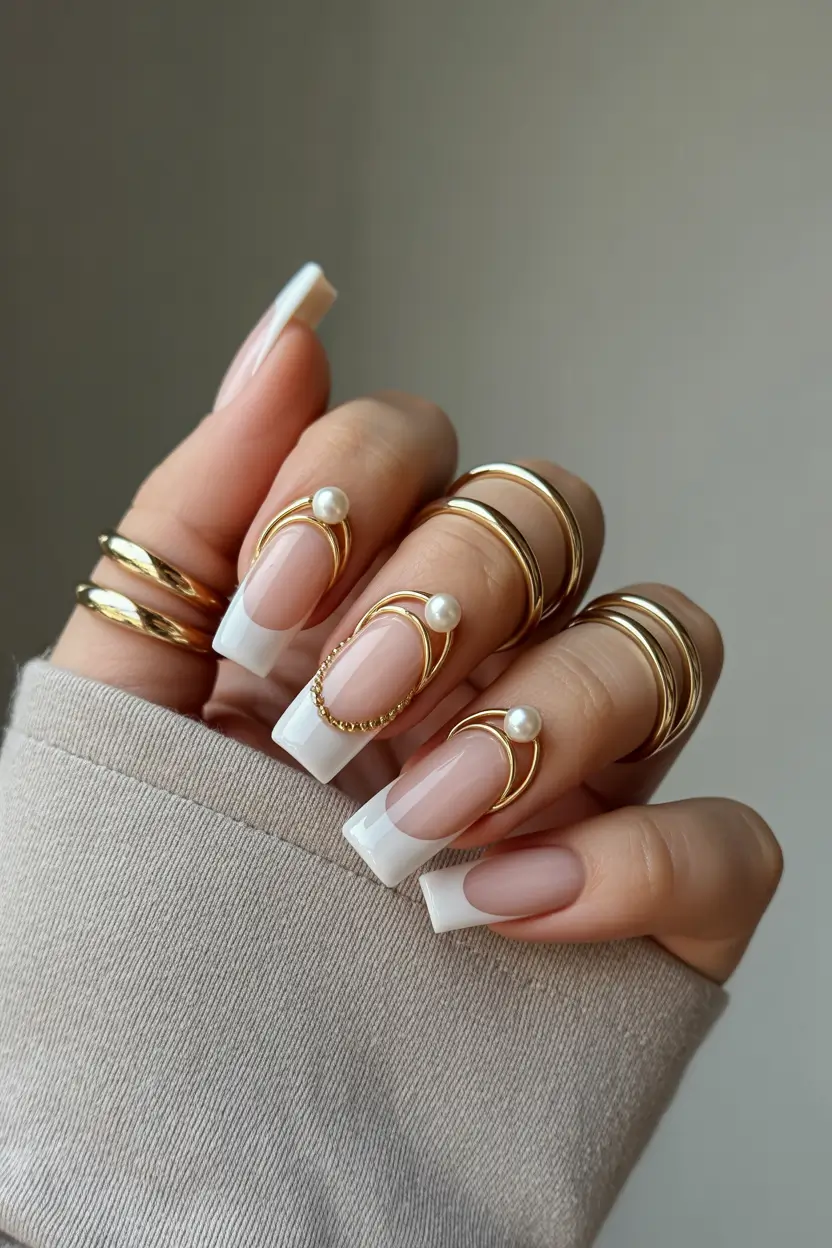 cute spring ballerina nails 2026 Gold Accented French