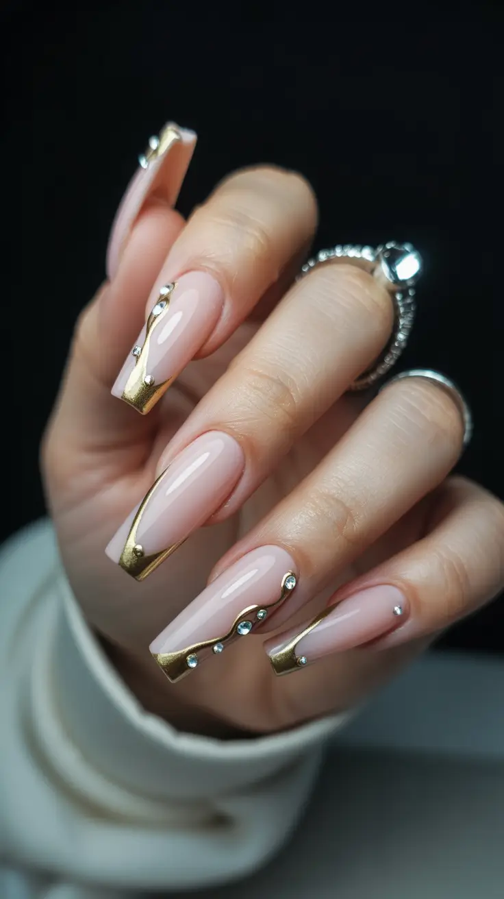 cute spring ballerina nails 2026 Soft Blush with Gold Chrome Waves