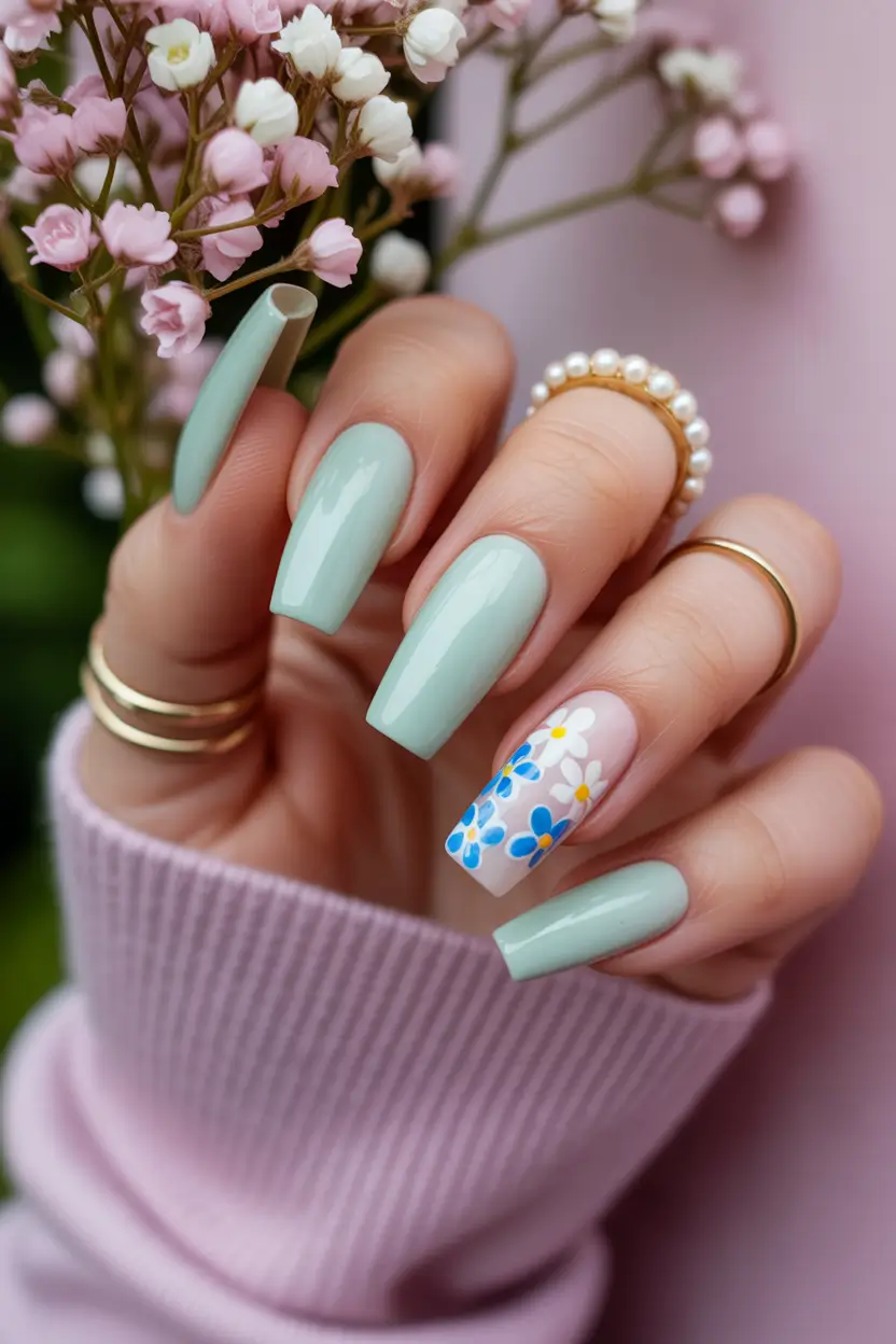 cute spring ballerina nails 2026 Mint Green Ballerina with Blue Floral Accent