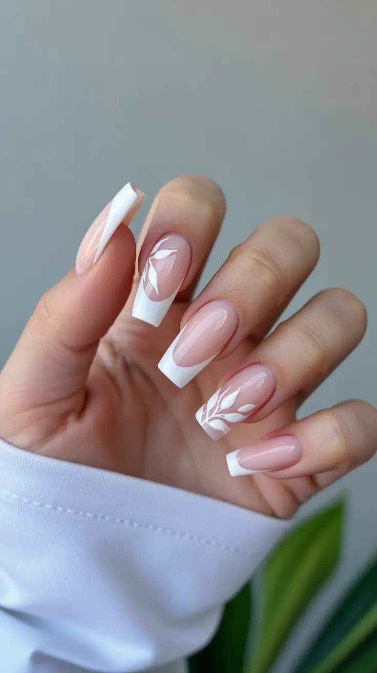 cute spring ballerina nails 2026 Soft Pink French with White Botanical Detail