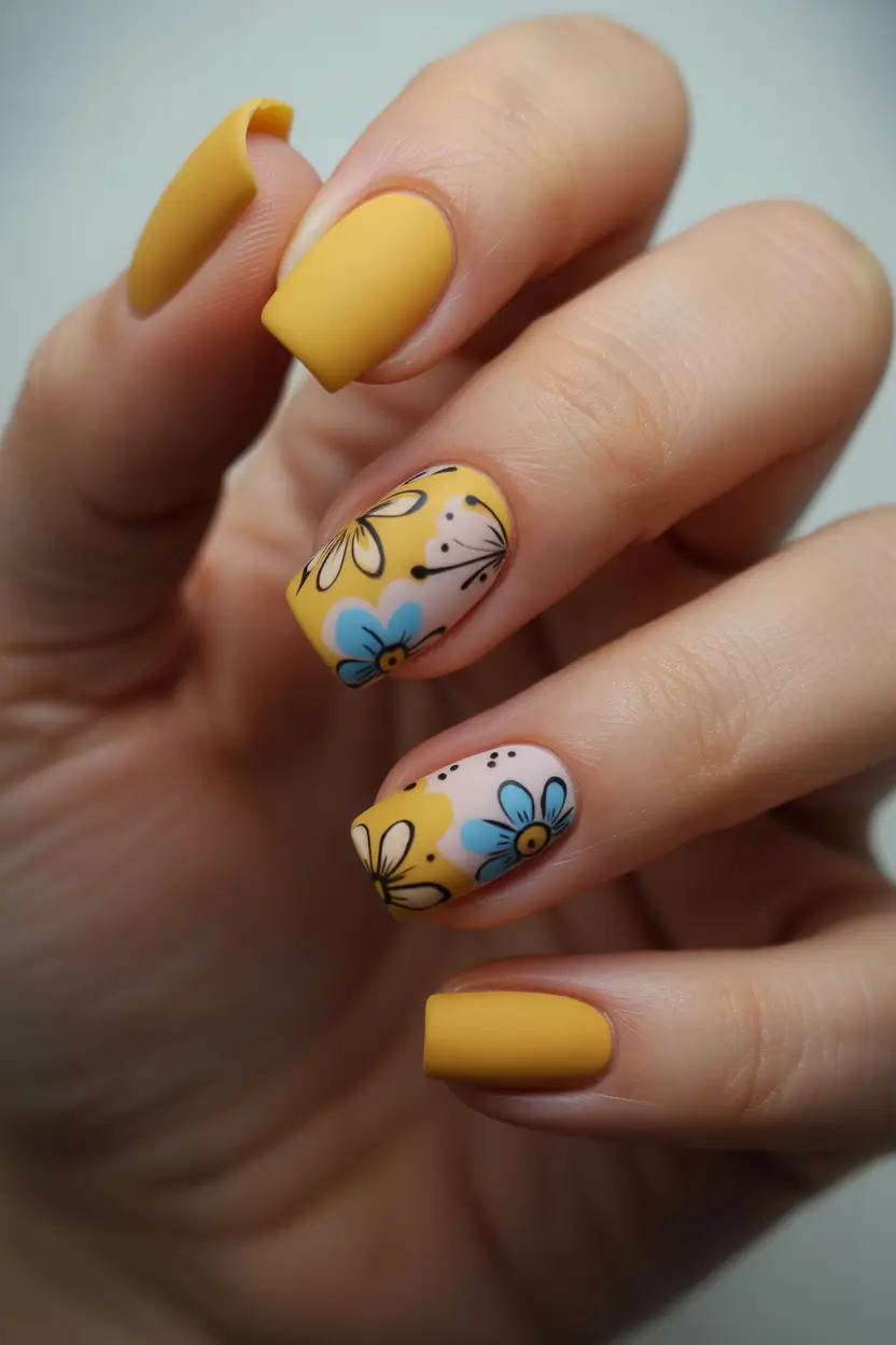 cute spring ballerina nails 2026 Matte Mustard Floral Statement