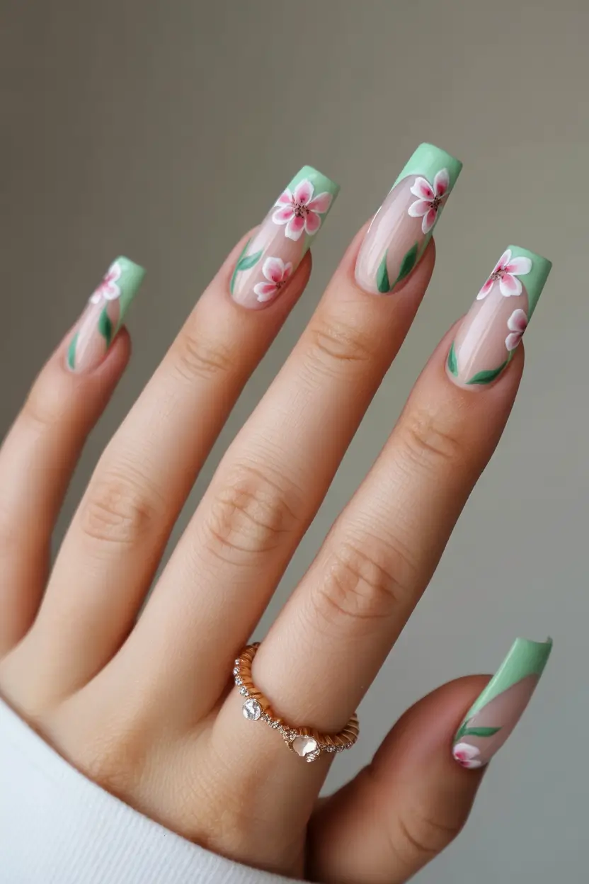 cute spring ballerina nails 2026 Mint French with Pink Floral Details