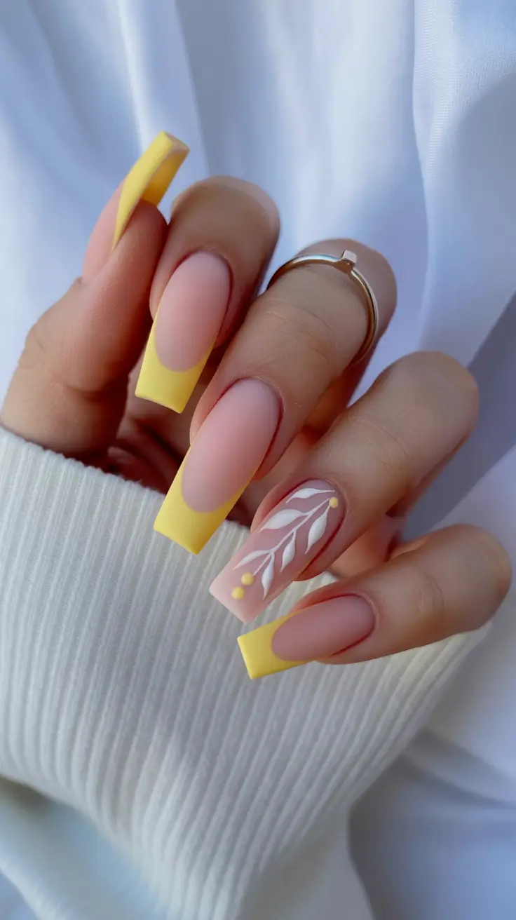 cute spring ballerina nails 2026 Matte Yellow French with White Botanical Art