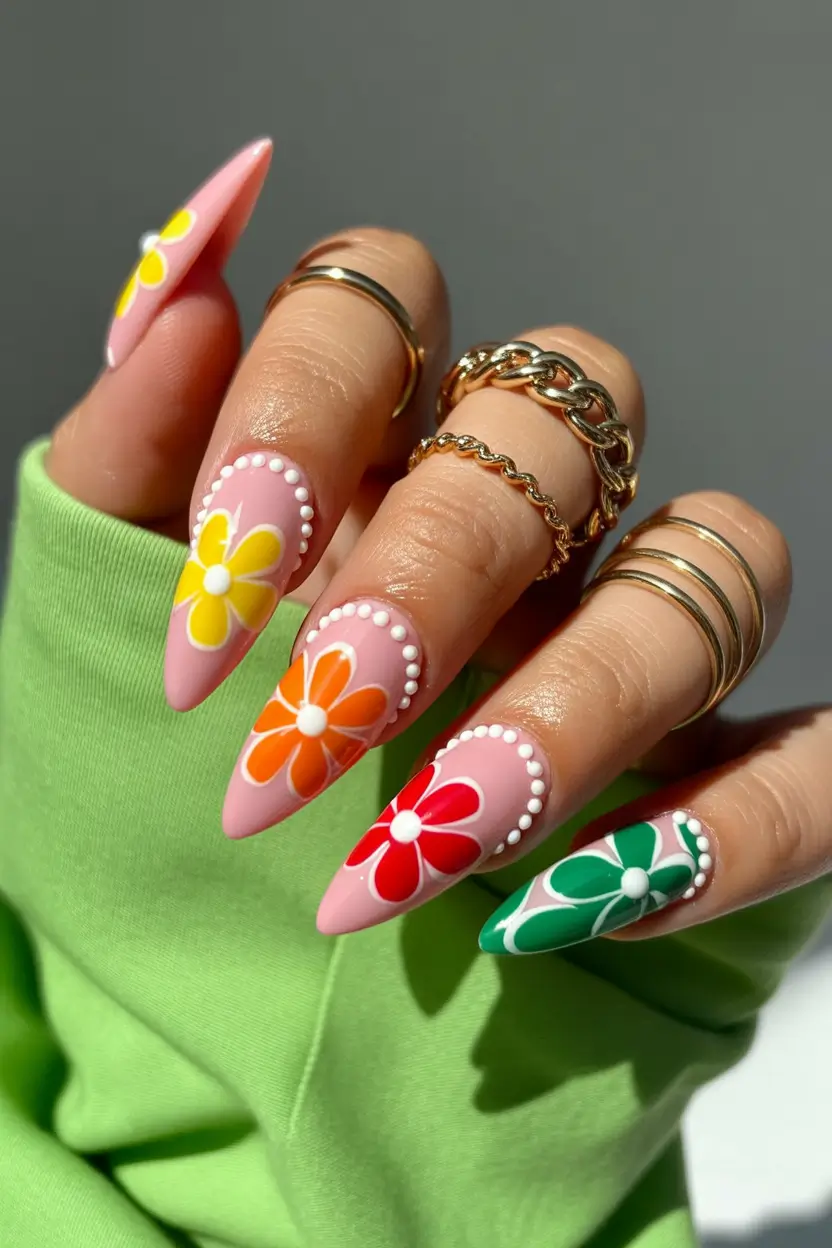 cute spring long nails 2026 colorful daisy nail art