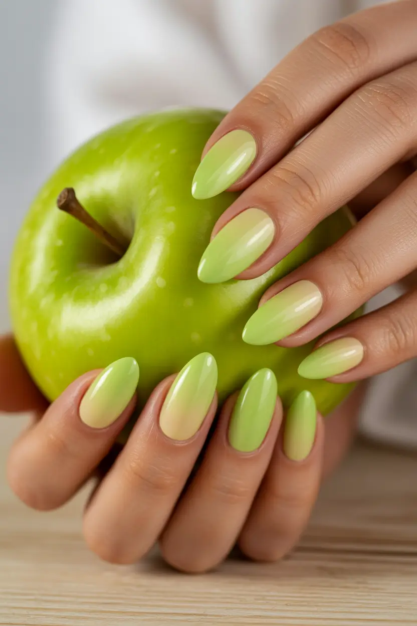 cute spring long nails 2026 green ombre almond nails