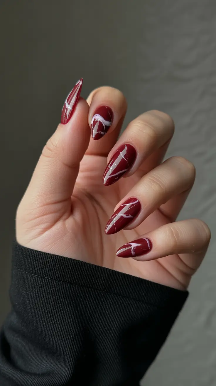 cute spring long nails 2026 Deep Cherry Swirl Art for Elegant Spring Evenings
