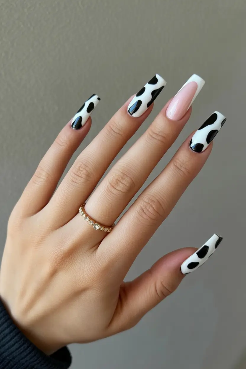 cute spring long nails 2026 Playful Cow Print Long Acrylic Nails with Minimal Pink Accent