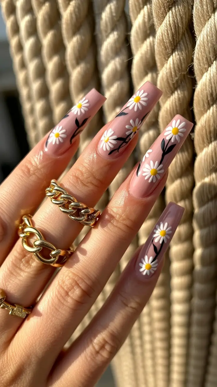 cute spring long nails 2026 Soft Pink Daisy Nail Art for a Romantic Spring Mood