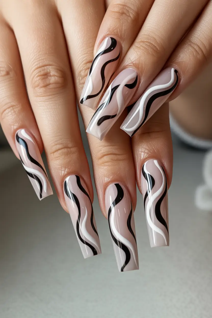 cute spring long nails 2026 Modern Neutral Swirl Art on Long Coffin Nails