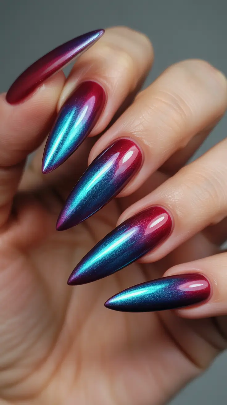 cute spring long nails 2026 chrome color shift stiletto nails
