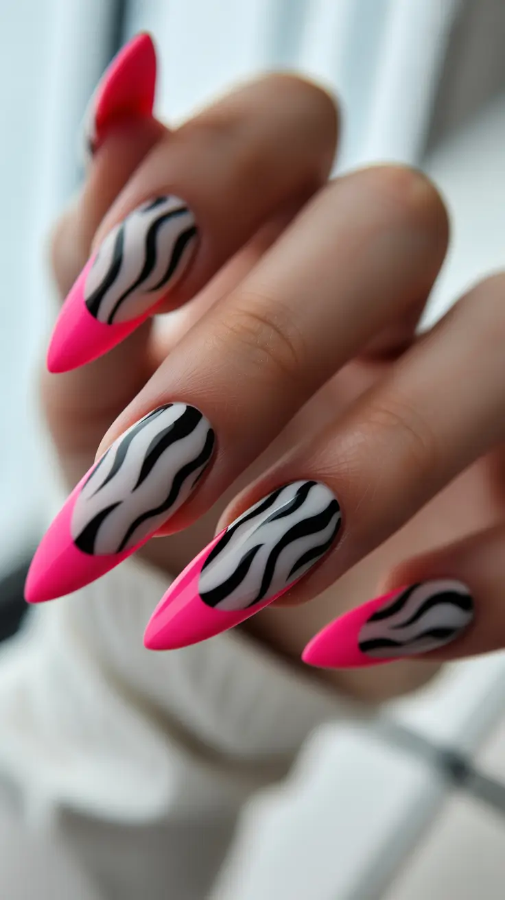 cute spring long nails 2026 Bright Pink Zebra French Tips for a Fun Spring Statement