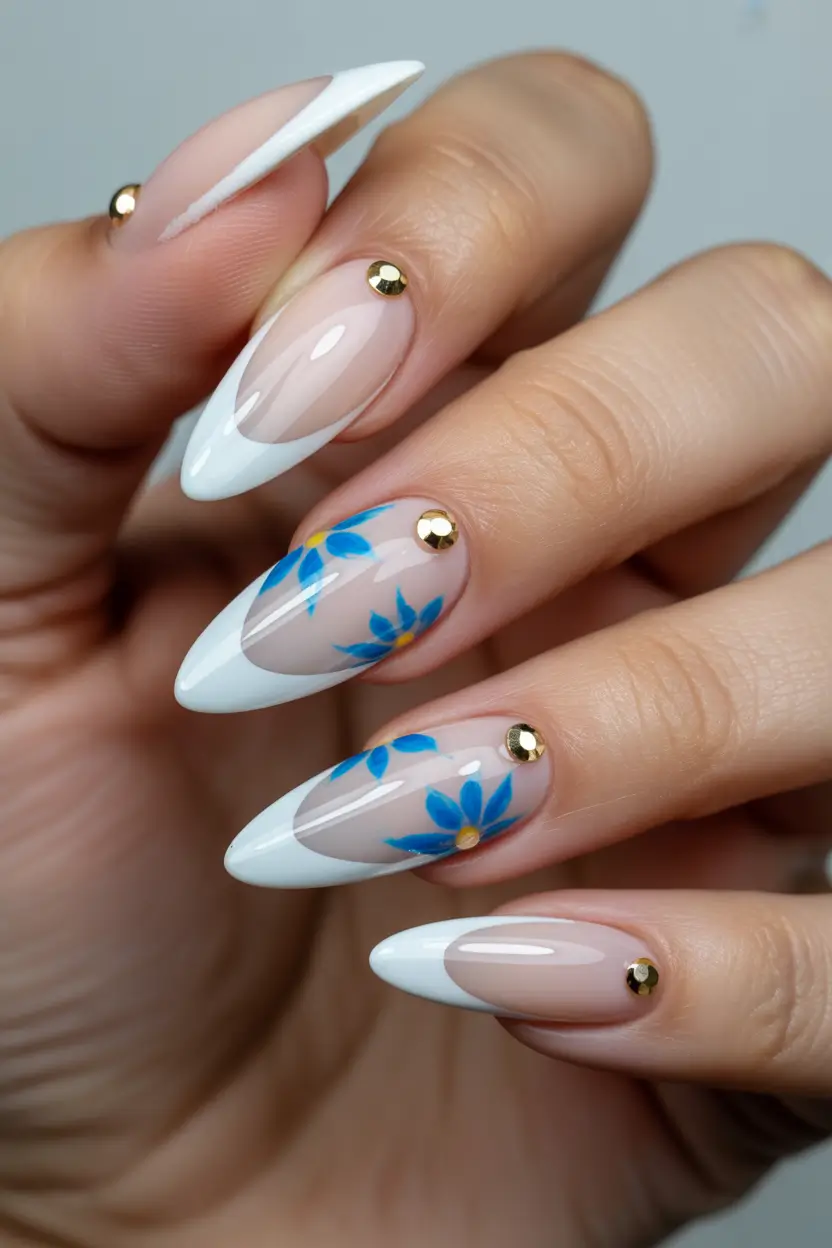 cute spring long nails 2026 Soft White French with Blue Floral Spring Art