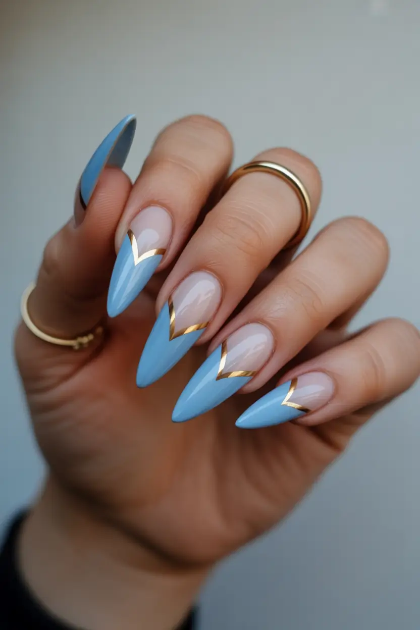 cute spring long nails 2026 Sky Blue V French for Fresh Spring Style