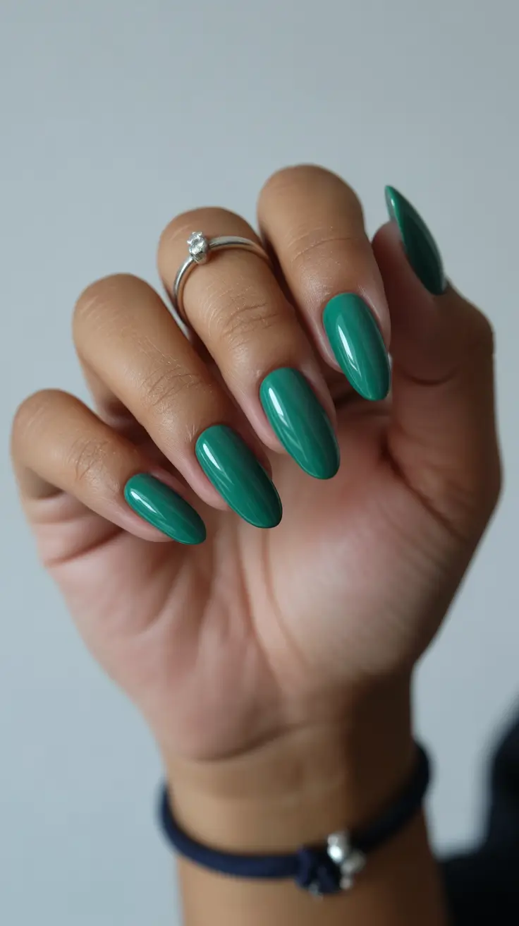 cute spring long nails 2026 glossy green almond nails
