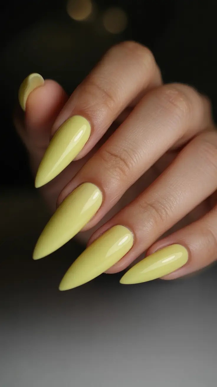 cute spring long nails 2026 pastel yellow stiletto manicure
