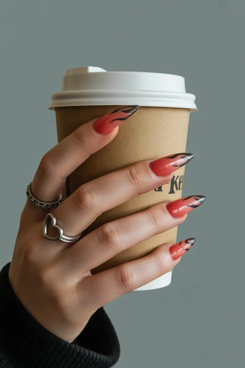 cute spring long nails 2026 coral flame art stiletto nails