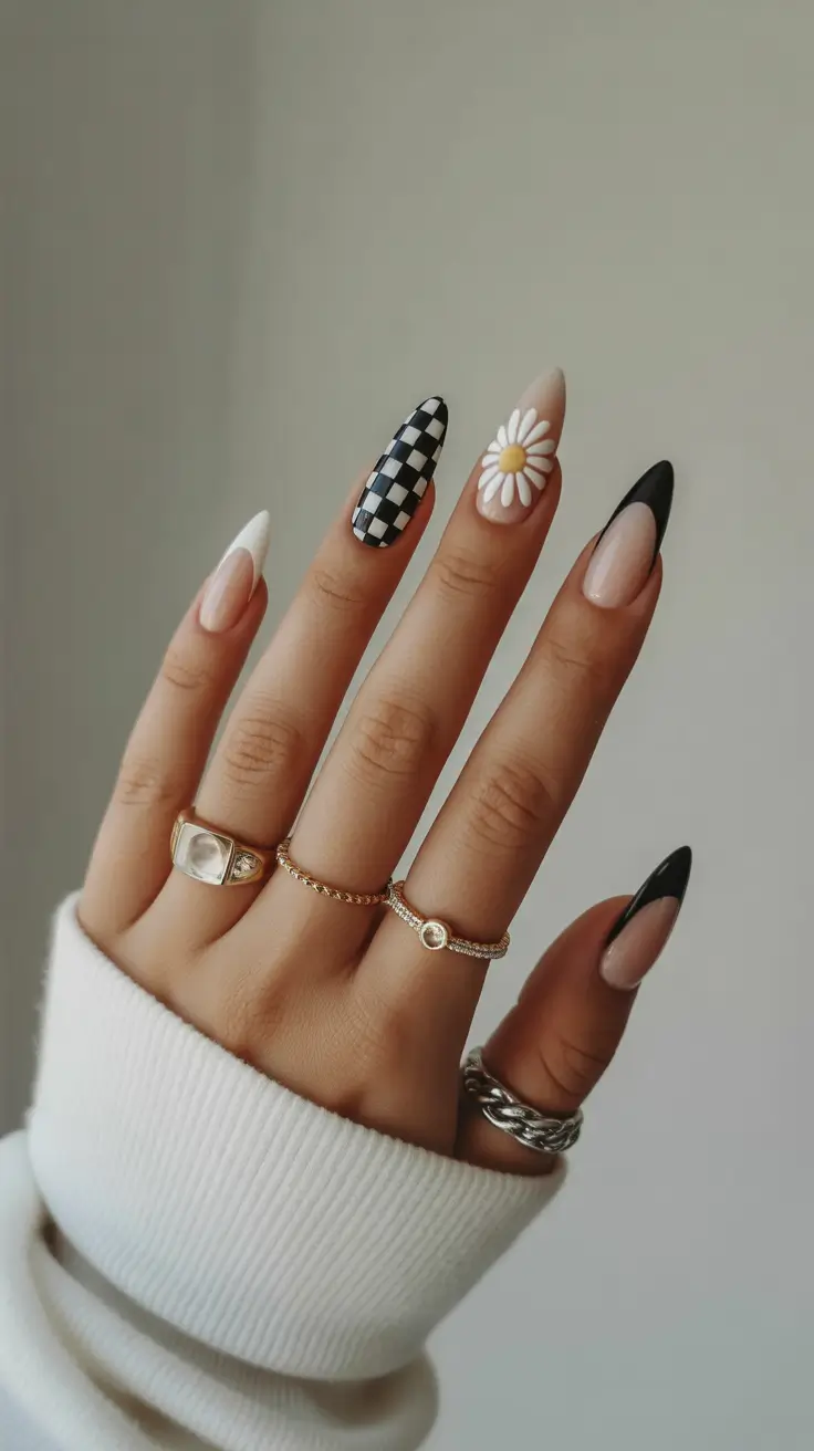 cute spring long nails 2026 daisy and checkerboard nail art