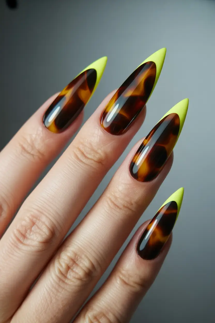 cute spring long nails 2026 tortoiseshell neon french nails