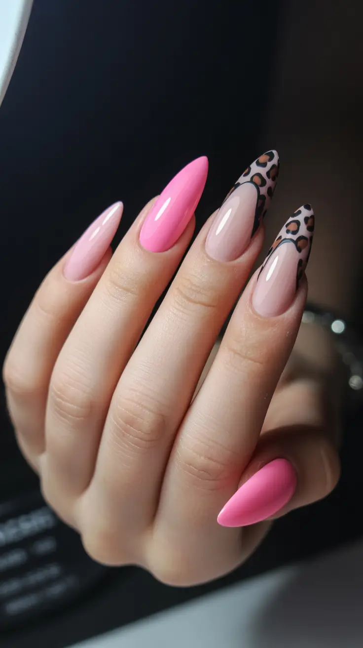 cute spring long nails 2026 pink leopard accent nails