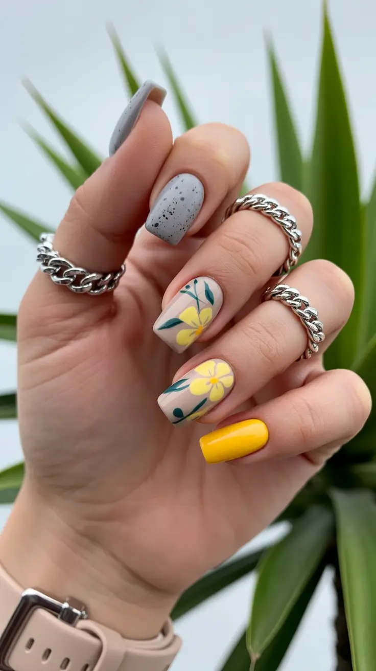 cute spring nails square 2026 Sunny Floral Square Nails with Yellow Spring Accents