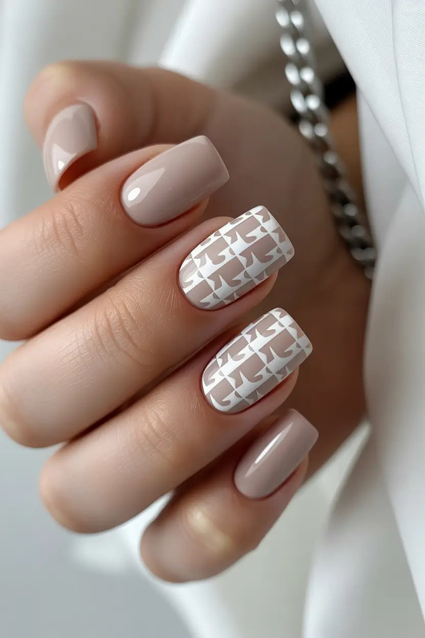 cute spring nails square 2026 Elegant Nude Square Nails with Subtle Pattern Detail