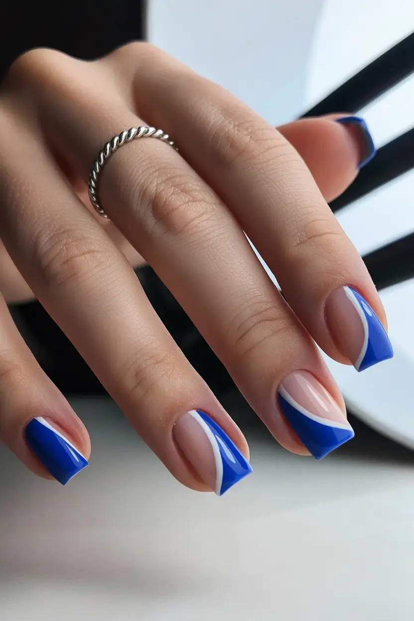 cute spring nails square 2026 Blue French Square Nails with Soft Curve Design