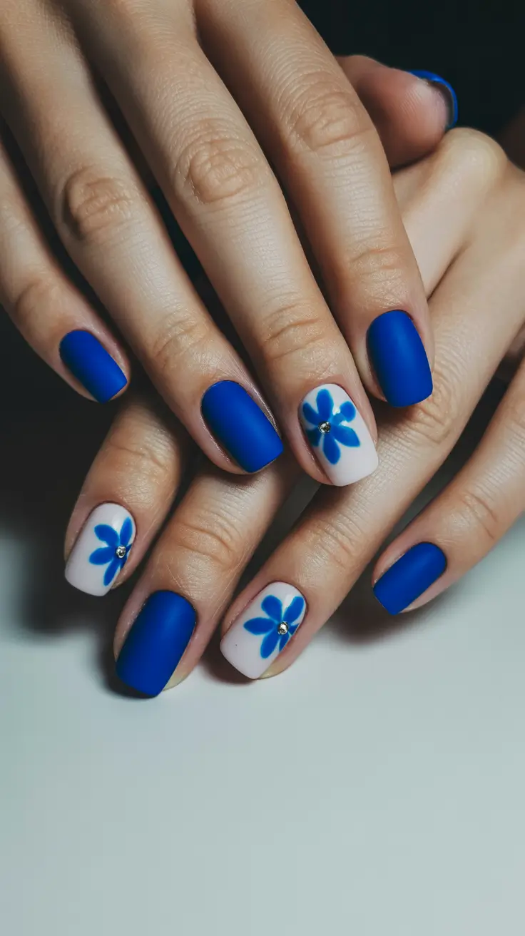 cute spring nails square 2026 Matte Blue Square Nails with Floral Accent
