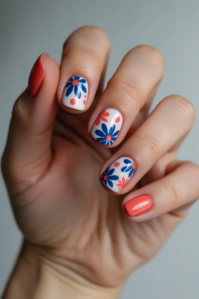 cute spring nails square 2026 Playful Blue and Coral Floral Short Nails