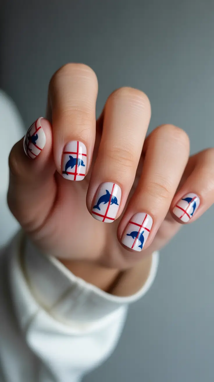 cute spring nails square 2026 playful dolphin graphic manicure