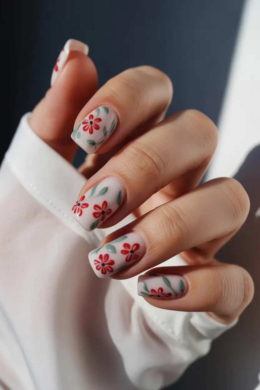 cute spring nails square 2026 delicate red flower square nails