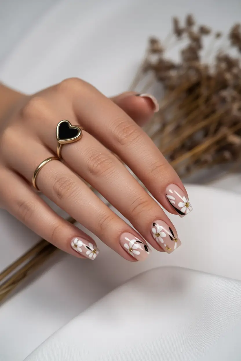 cute spring nails square 2026 Soft Nude Square Nails with Minimal Daisy Art