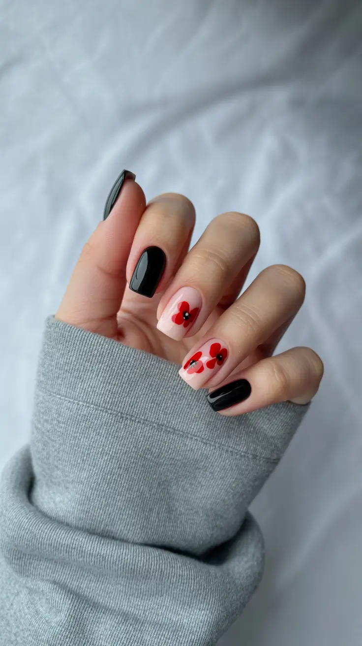 cute spring nails square 2026 red floral accent short square nails