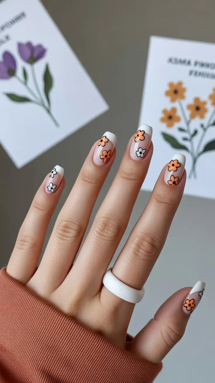 cute spring nails square 2026 orange daisy french tip square nails