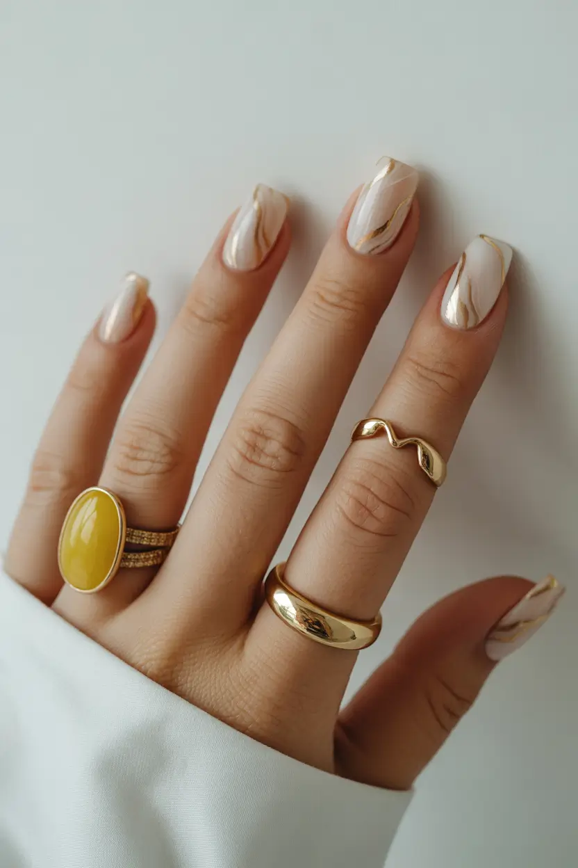 cute spring nails square 2026 Elegant Marble Square Nails with Gold Spring Accents