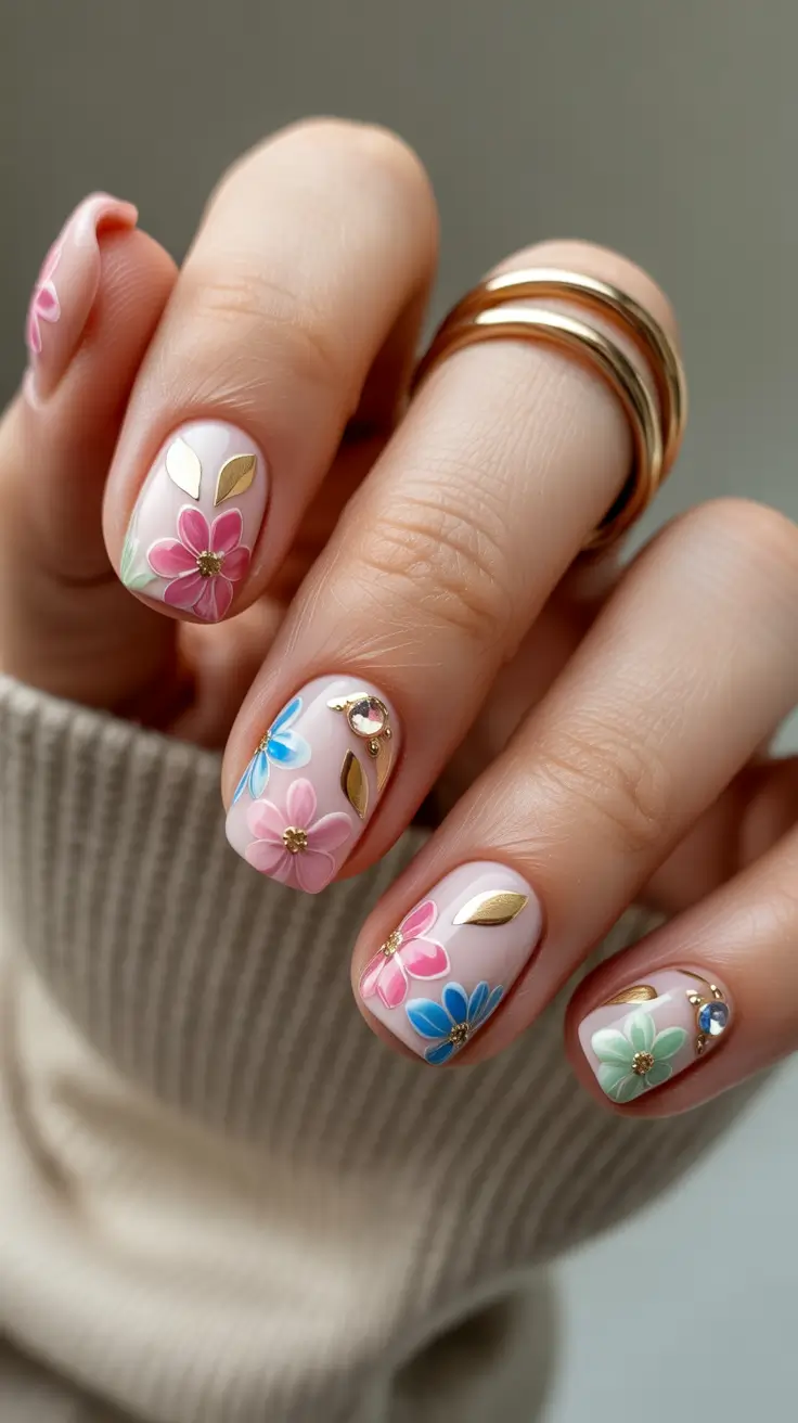 cute spring nails square 2026 Pastel Floral Square Nails with Soft Pink and Blue Details