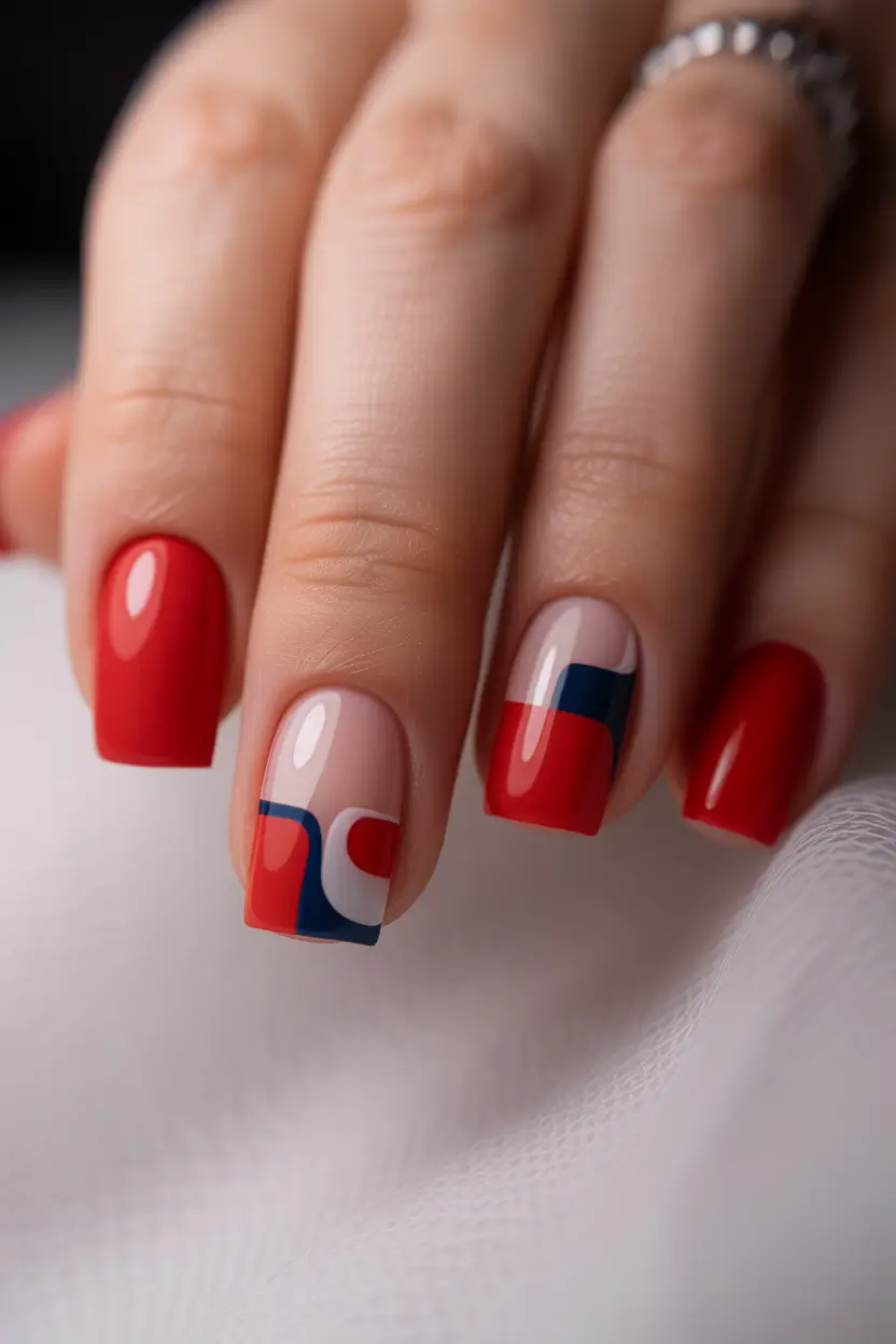 cute spring nails square 2026 Bold Red Square Nails with Modern Graphic Accents