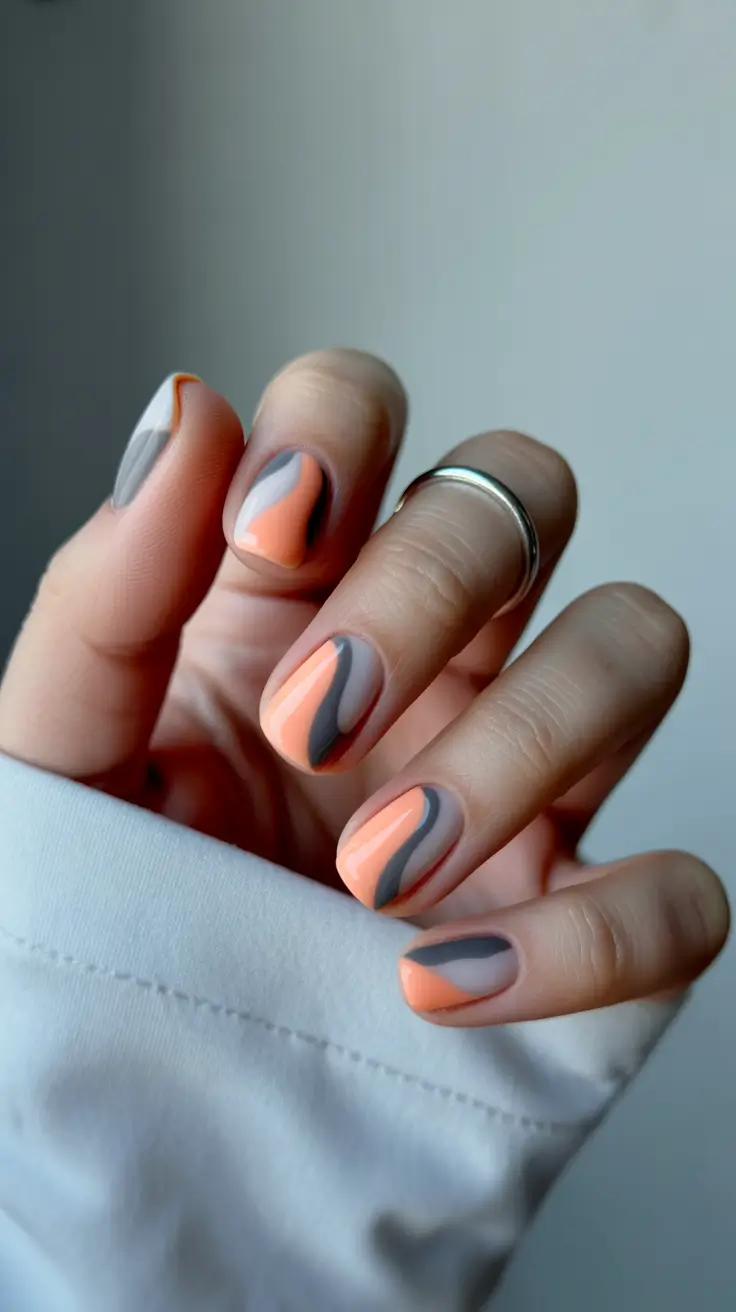 cute spring nails square 2026 Soft Peach and Grey Abstract Square Nails