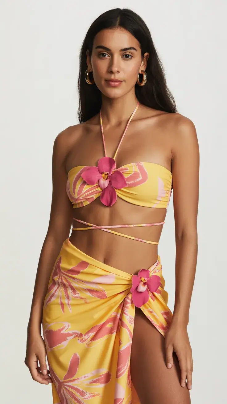 swimsuits outfits 2026 Floral Bikini and Sarong Set That Feels Vacation Ready