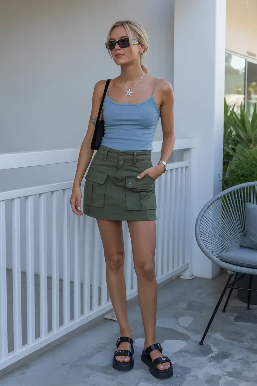 Y2K summer outfits 2026 Minimal Tank and Cargo Mini Skirt Balance
