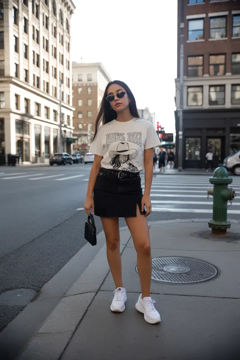 Y2K summer outfits 2026 Graphic Tee and Black Mini City Mood