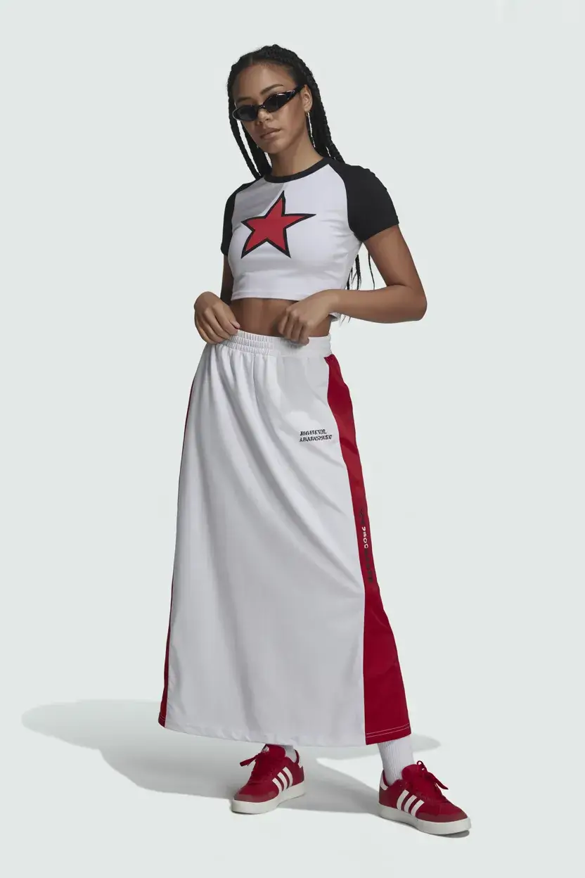 Y2K summer outfits 2026 Sporty Crop Top and Long Skirt Contrast
