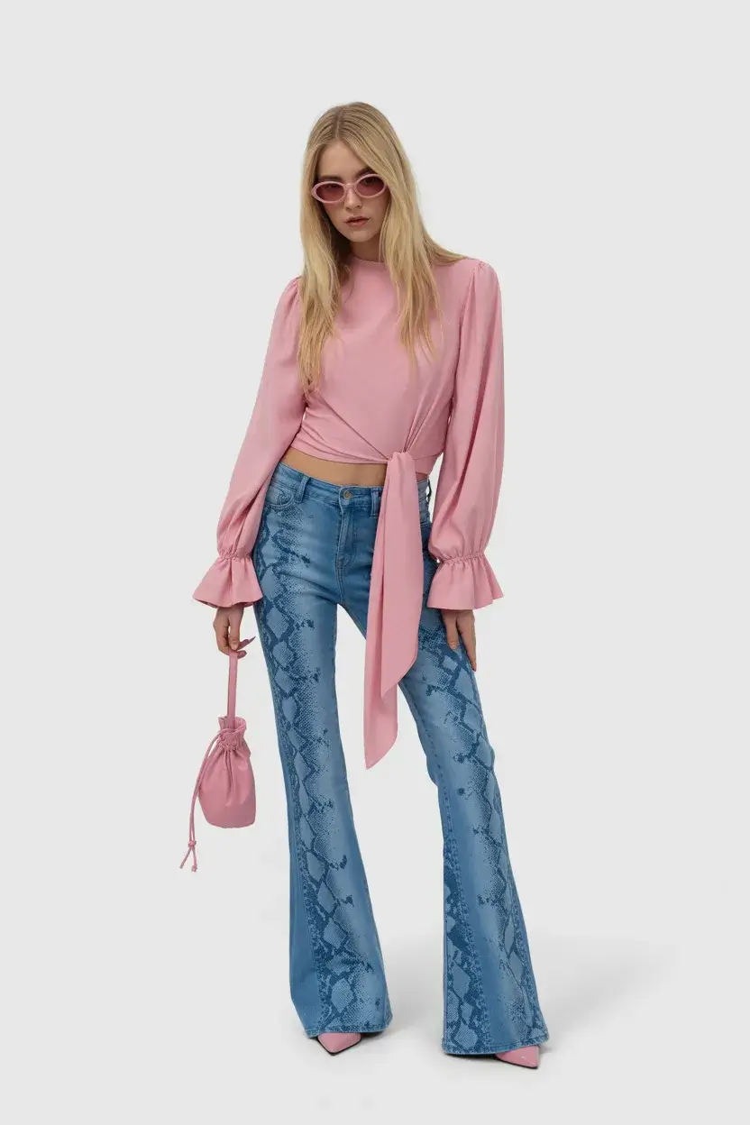 Y2K summer outfits 2026 Soft Pink Blouse and Flared Denim Revival