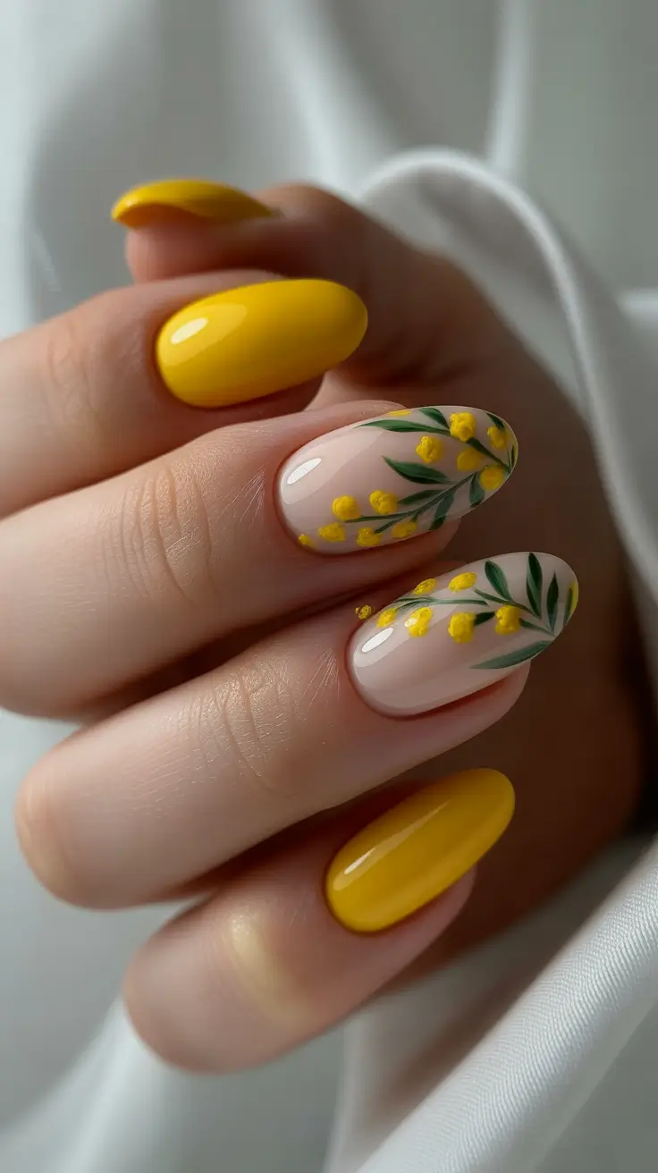 cute yellow spring nails 2026 butter yellow floral design almond nails