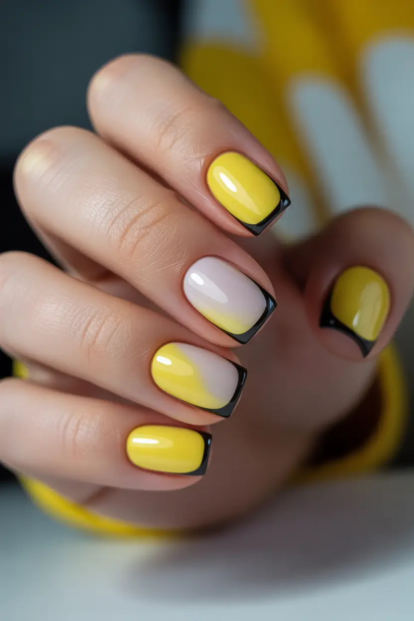 cute yellow spring nails 2026 square yellow nails black french design