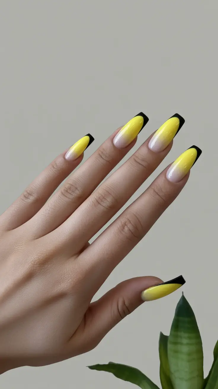 cute yellow spring nails 2026 yellow ombre black french tips