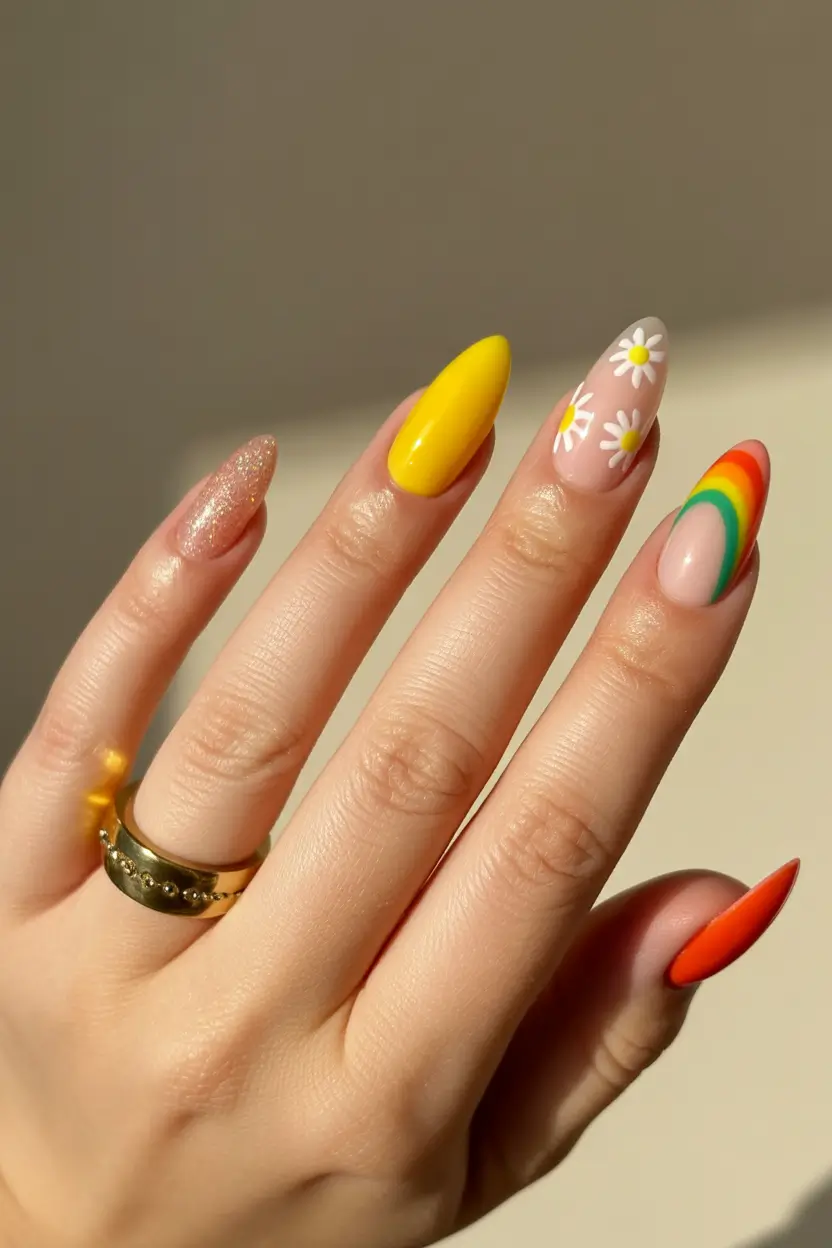 cute yellow spring nails 2026 daisy rainbow colorful spring manicure