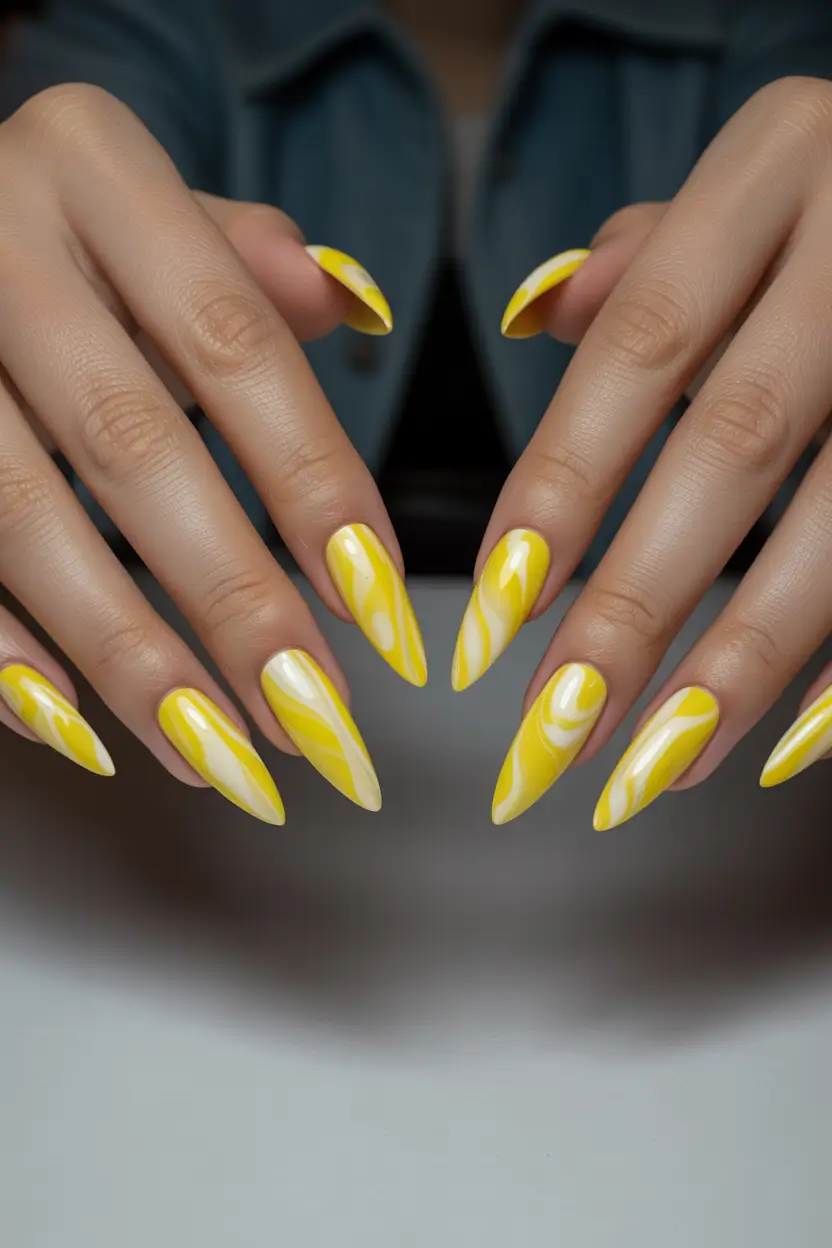 cute yellow spring nails 2026 Marbled Butter Yellow Almond Nails