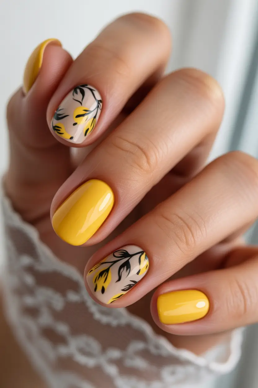 cute yellow spring nails 2026 Short Butter Yellow Nails With Floral Accent Art