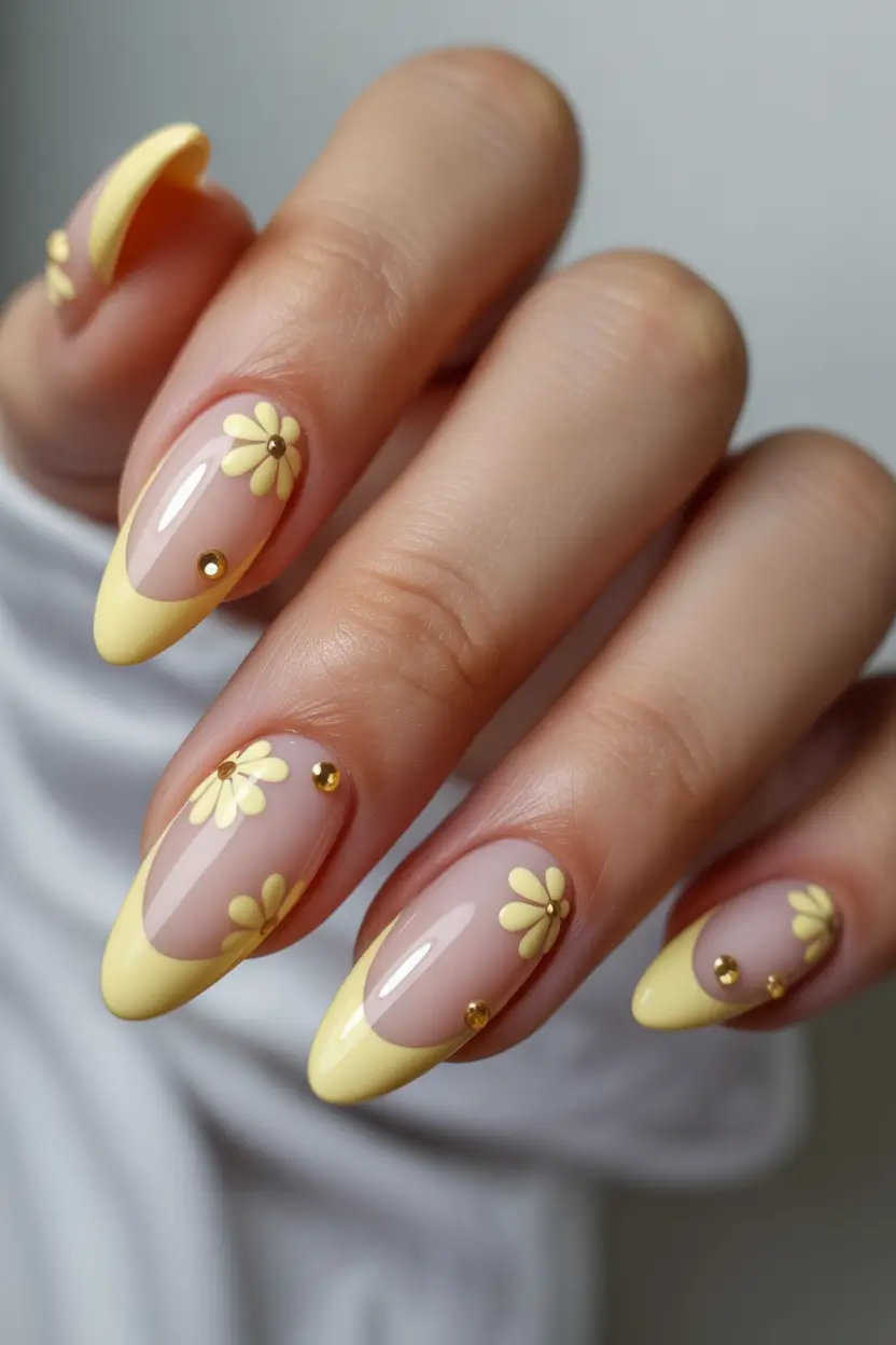 cute yellow spring nails 2026 Soft Daisy French Tips With Pastel Yellow